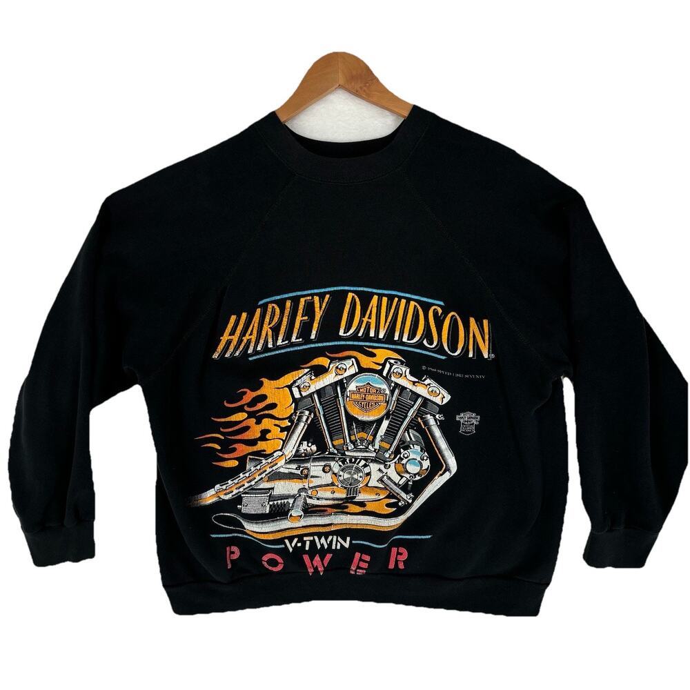 Harley Davidson Sweatshirt Mens V-Twin Power Crewneck USA Black Vintage 1988